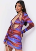 Theresa Blue Print Halterneck Cut Out Long Sleeve Mini Dress