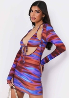 Theresa Blue Print Halterneck Cut Out Long Sleeve Mini Dress