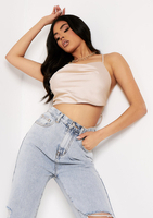 Tina Beige Cowl Neck Cross Back Crop Top
