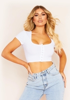 Tina White Ribbed Popper Front T-shirt Crop Top