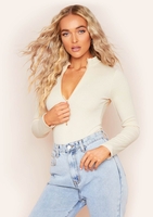Tirsa Beige Ribbed Zip Up Bodysuit