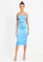 Vennie Blue Cowl Lace Up Back Midi Bodycon Dress