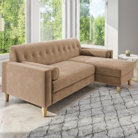 Beige 3 Seater L Shaped Sofa in Velvet - Right Hand Facing - Idris