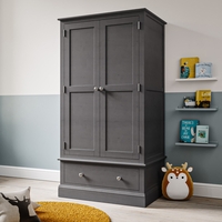 Kids Grey Solid Wood Double 2 Door Wardrobe with Drawer - Harper