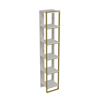 Narrow Bookshelf in White Marble Effect with Gold Details