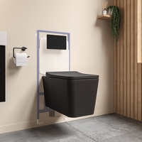Black Square Wall Hung Rimless Toilet with Soft Close Seat Cistern Frame and Black Flush - Augusta