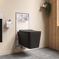 Black Square Wall Hung Rimless Toilet with Soft Close Seat Cistern Frame and Chrome Flush - Augusta