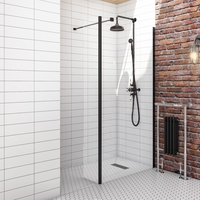 Wet Room Shower Screen with Wall Support Bar & Return Panel 1400mm Black - Corvus