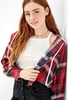 American Eagle Red Cropped Hooded Flannel Shirt