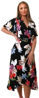 Ax Paris Multi Floral Printed Short Sleeve Belted Wrap Midi Dress