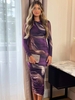 Ax Paris Plum Printed Long Sleeve Ruched Bodycon Midi Dress