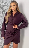 Ax Paris Plum Satin Wrap Shirt Dress