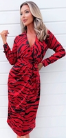 Ax Paris Red Black Animal Primnt Wrap Belted Dress