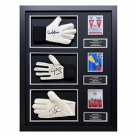 Peter Schmeichel,  Alex Stepney & Edwin Van Der Sar triple signed glove display
