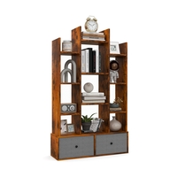 12-Tier Wooden Bookshelf with Folding Drawer for Study Living Room-Brown
