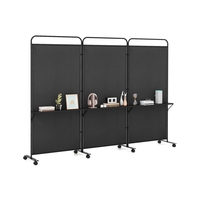 3-Panel Folding Room Divider Rolling Privacy Screen with 3 Metal Shelves-Black