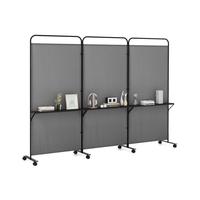 3-Panel Folding Room Divider Rolling Privacy Screen with 3 Metal Shelves-Grey
