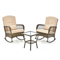 3 Piece Outdoor Rocking Chair Set with Cozy Cushions and Pillow-Beige