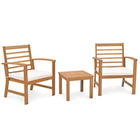 3 Pieces Acacia Wood Patio Conversation Set with Soft Cushions-White