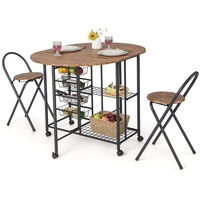 3 Pieces Drop-Leaf Rolling Dining Table Set with 2 Shelves-Rustic Brown