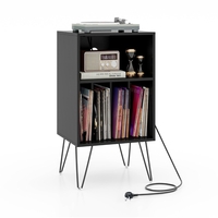 3-Tier Record Player Stand with Charging Station Shelf and 4 Dividers-Black