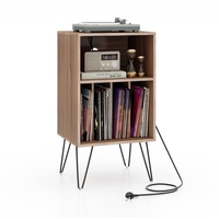 3-Tier Record Player Stand with Charging Station Shelf and 4 Dividers-Walnut