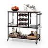 3 Tiers Bar Cart on Wheels with Glass Racks-Brown