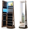 360° Swivel Jewelry Cabinet with LED Lights,  Foldable Shelf-Brown