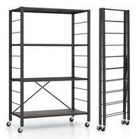 4-Tier Folding Storage Rack Metal Shelf Organizer with Wheels-Black