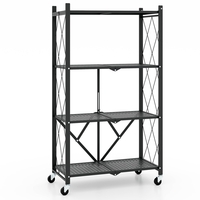 4-Tier Metal Foldable Collapsible Storage Rack with Lockable Wheels-Black