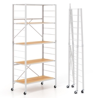 5-Tier Foldable Shelving Unit Metal Shelves with Detachable Wheels-Natural