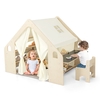 6-in-1 Kids Play Tent Playhouse with Blackboard 6 Storage Bins and Floor Cushion-Natural
