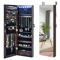 6 LED Lights Hanging Mirrored Jewelry Cabinet with Lock-Brown
