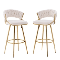 72cm Velvet Bar Stool Set of 2 with Woven Backrest and Gold Metal Legs-Beige