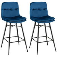Bar Stools Set of 2 with Tufted Back,  Metal Footrests and Legs-Blue