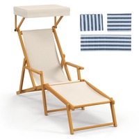 Birch Wood Chaise Lounge Chair with Adjustable Canopy Reclining Backrest and Footrest-Beige