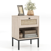 Boho Style Nightstand with Rattan Drawer and Open Shelf-Oak