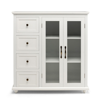 Buffet Sideboard with Glass Doors,  4 Drawers and Adjustable Shelf-White