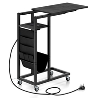 C-shaped End Table Rolling with Charging Station and Retractable Tabletop-Black