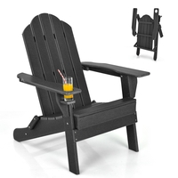 Folding Garden Adirondack Chair with Built-in Cup Holder-Black