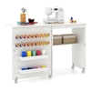 Folding Sewing Table with Storage Shelf and 5 Lockable Wheels-White
