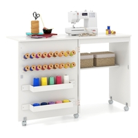 Folding Sewing Table with Storage Shelf and 5 Lockable Wheels-White