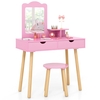 Kids Vanity Table and Stool Set with Square Mirror and Storage Shelf-Light Pink