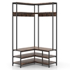 L-shaped Clothes Corner Garment Rack with Open Shelves and 7 Hooks-Rustic Brown