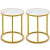 Marble Top Round Side Table with Golden Metal Frame-2 Pieces-Golden