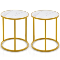 Marble Top Round Side Table with Golden Metal Frame-2 Pieces-Golden