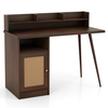 Mid Century Computer Desk with Hutch,  PE Rattan Cabinet and Shelves-Walnut