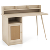 Mid Century Computer Desk with Hutch,  PE Rattan Cabinet and Shelves-White Oak