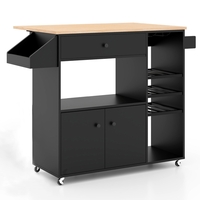 Mobile Drop Leaf Kitchen Island Cart with Microwave Shelf and Wine Rack-Black