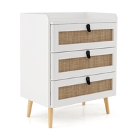 Modern End Table Bedside Table with 3 Rattan Decorated Drawers-White